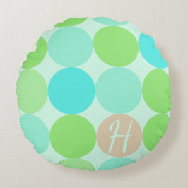 Almofada Redonda Monograma de círculos laranja, verde e azul-turque