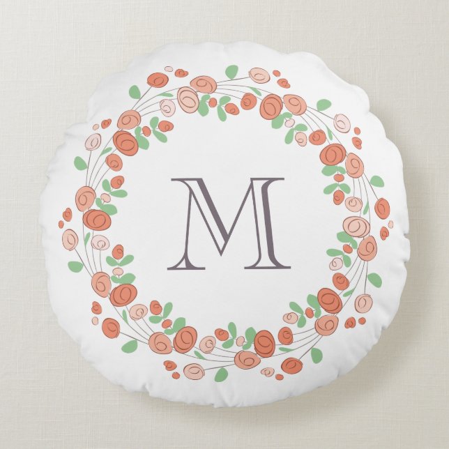 Almofada Redonda monograma de coral rosa (Frente)