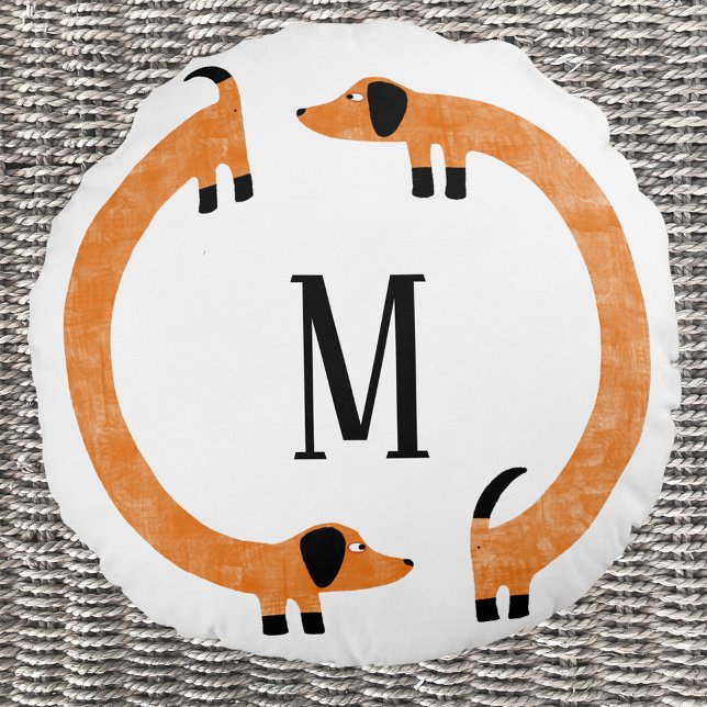 Almofada Redonda Monograma de Enchimento de Enchimento Engraçado (Fun Dachshund Wiener Sausage Dog personalized monogram initial round pillow for dog lovers)
