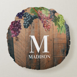 Almofada Redonda Monograma de Madeira e Uvas de Vinha Rústica