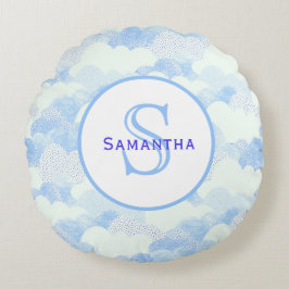 Almofada Redonda Monograma de Nuvens Texturizadas de Abstrato Azul 