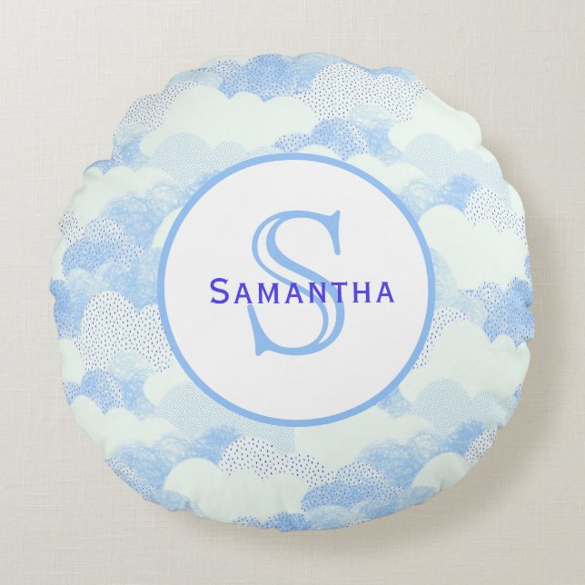 Almofada Redonda Monograma de Nuvens Texturizadas de Abstrato Azul  (Frente)