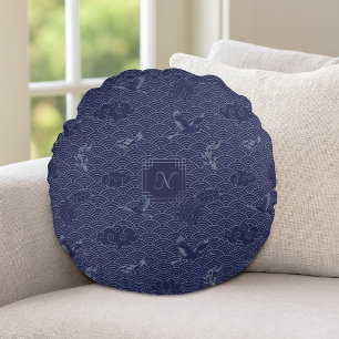 Almofada Redonda Monograma de Ondas Tradicionais em Japonês Azul Se