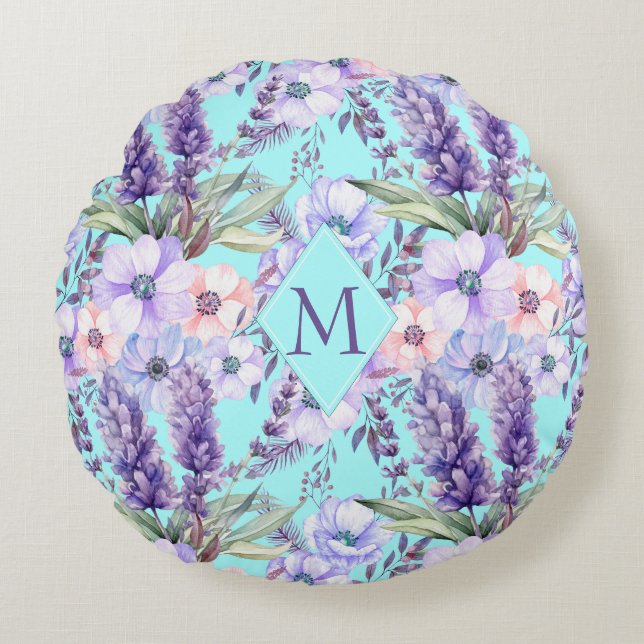 Almofada Redonda Monograma de Primavera Floral de Turquesa (Frente)