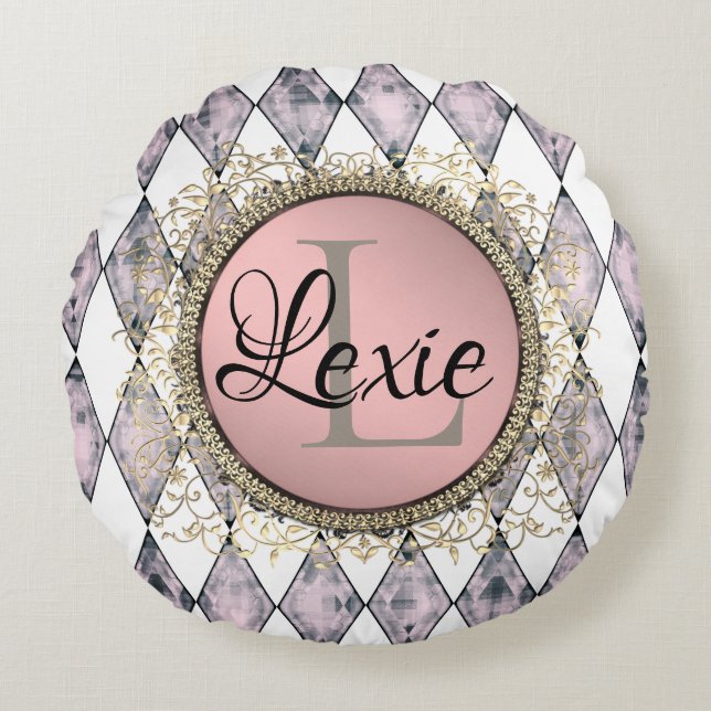 Almofada Redonda Monograma do Harlequin, cor-de-rosa na moda (Frente)