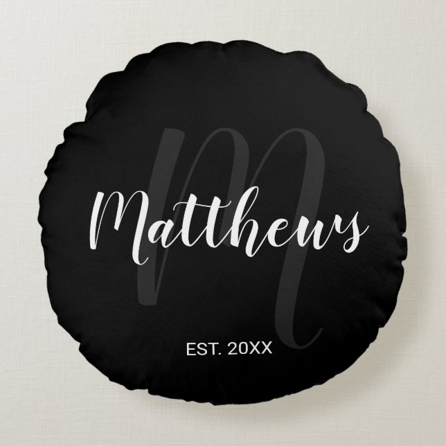 Almofada Redonda Monograma e Nome da Família de Script Moderno Pers (Frente)
