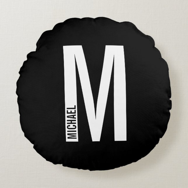 Almofada Redonda Monograma e Nome de Negrito Personalizado Moderno (Frente)