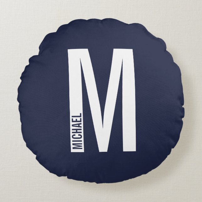 Almofada Redonda Monograma e Nome de Negrito Personalizado Moderno (Frente)