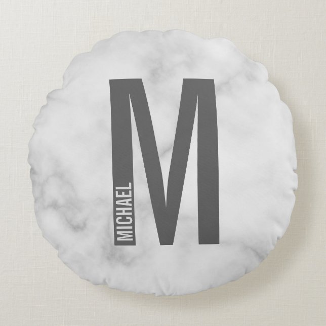 Almofada Redonda Monograma e Nome de Negrito Personalizado Moderno (Frente)