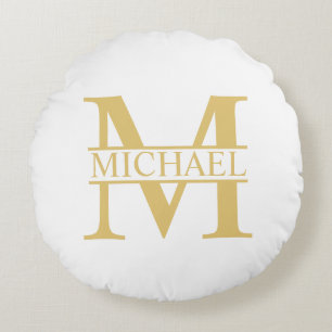 Almofada Redonda Monograma e Nome Personalizados Branco e Dourado