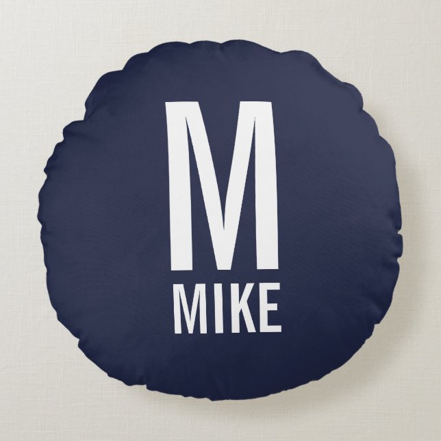 Almofada Redonda Monograma e Nome Personalizados Modernos (Frente)