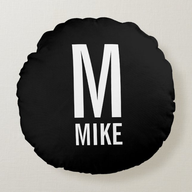 Almofada Redonda Monograma e Nome Personalizados Modernos (Frente)
