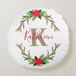 Almofada Redonda Monograma Floral de Natal Antílope Verde Vermelho