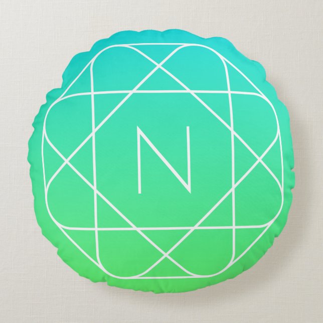 Almofada Redonda Monograma Geométrico legal | Azul e Verde limão (Frente)