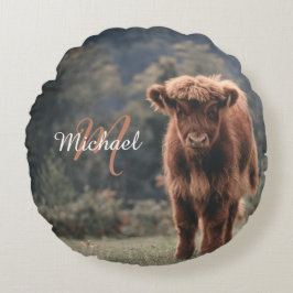 Almofada Redonda Monograma inicial de erva de outono de vitelo de p