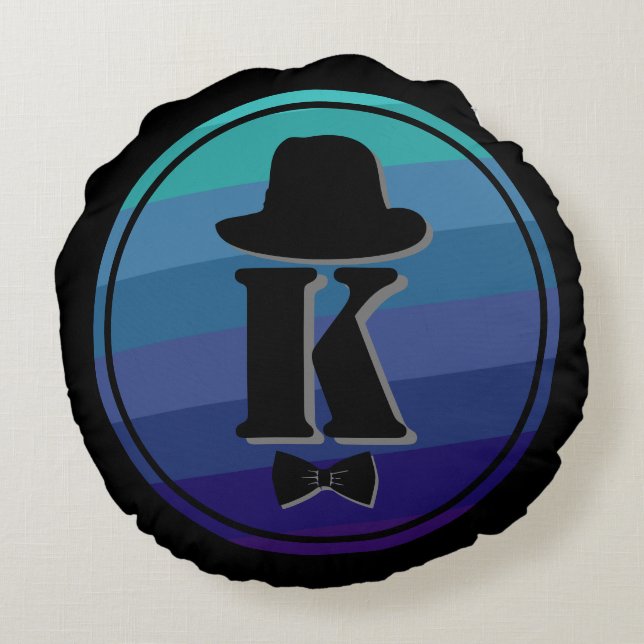 Almofada Redonda Monograma Inicial De Omã Azul Para Homens (Verso)