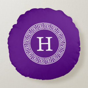 Almofada Redonda Monograma Inicial do Quadro-Chave Grego - Purple W