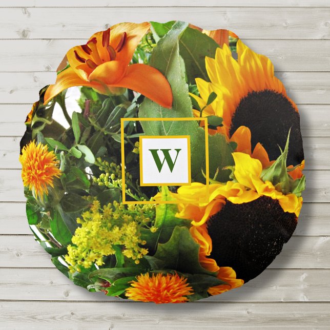 Almofada Redonda Monograma Linda Queda de outono Girassóis (Criador carregado)