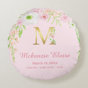Almofada Redonda Monograma "M" Floral Rosa Dourado Estatísticas de