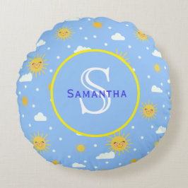 Almofada Redonda Monograma Personalizado Azul e Amarelo