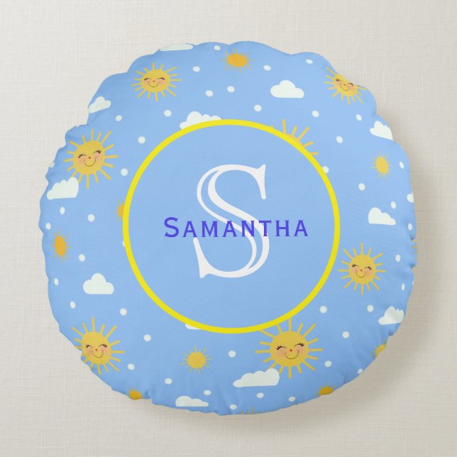Almofada Redonda Monograma Personalizado Azul e Amarelo (Frente)