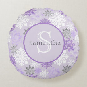 Almofada Redonda Monograma personalizado com floco de neve roxo e p