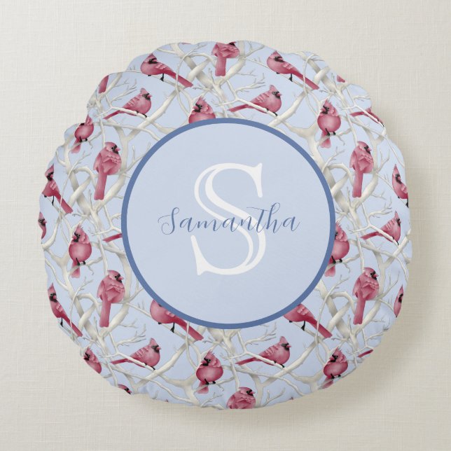 Almofada Redonda Monograma Personalizado de Aves Cardinais Azuis ci (Frente)