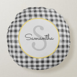 Almofada Redonda Monograma Personalizado de Gingham Preto e Branco