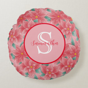 Almofada Redonda Monograma Personalizado de Poinsettia Rosa Fofa