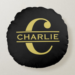 Almofada Redonda Monograma Personalizado e Nome Preto e Dourado
