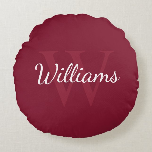Almofada Redonda Monograma Personalizado e Nome Vermelho Borgonha (Frente)