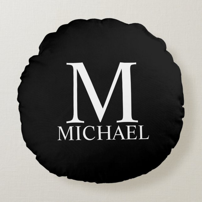 Almofada Redonda Monograma Personalizado Preto e Nome (Frente)