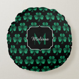 Almofada Redonda Monograma preto de Shamrock Verde Sparkle Emerald