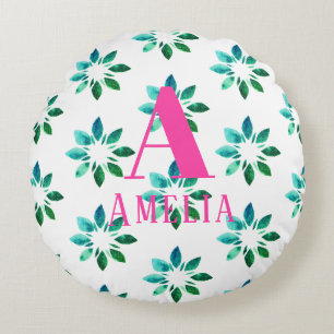 Almofada Redonda Monograma Retro Floral Aquoso Verde Rosa Quente