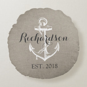 Almofada Redonda Monograma Rustic Vintage Anchor Wedding