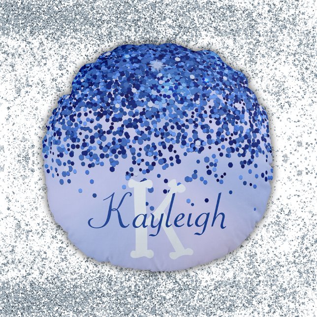 Almofada Redonda Monograma Simples Azul Brutado de Metal e Largura  (Criador carregado)