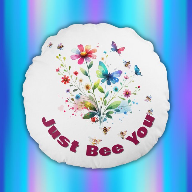 Almofada Redonda Monograma Simples Floral de Aquarela (Criador carregado)