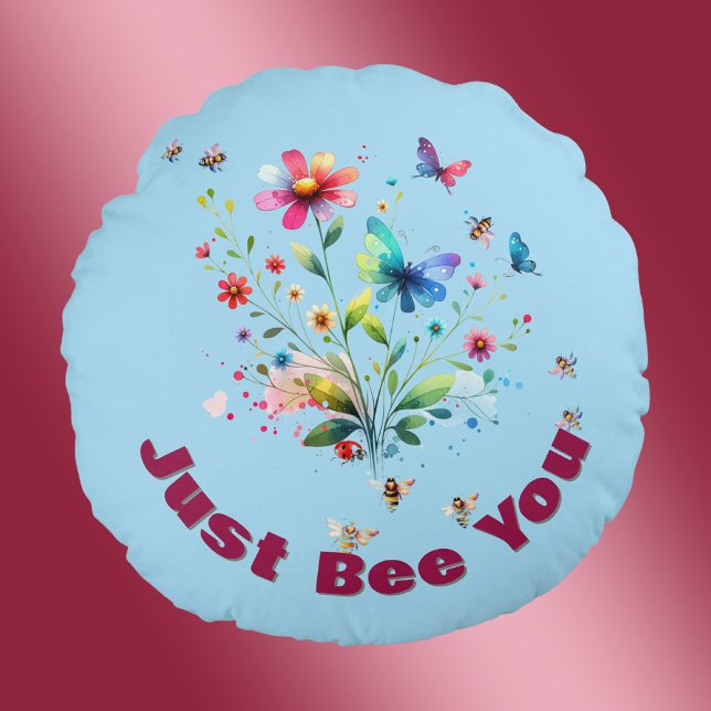 Almofada Redonda Monograma Simples Floral de Aquarela, Abelha em az (Criador carregado)