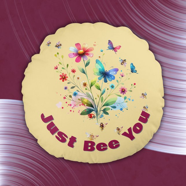 Almofada Redonda Monograma Simples Floral de Aquarelas Abelhas em p (Criador carregado)