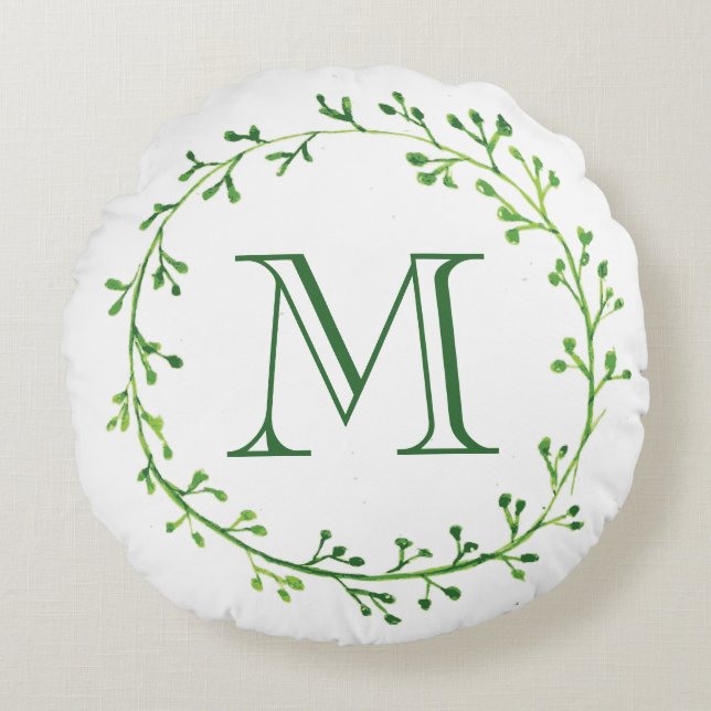 Almofada Redonda Monograma Verde Leafy Wreath (Frente)