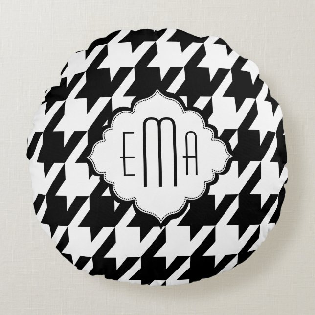 Almofada Redonda Monogramas, Black E White Houndstooth (Frente)