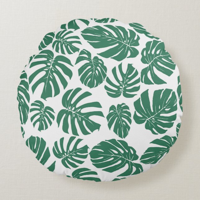 Almofada Redonda Monstera deixa um padrão decorativo sem soldadura. (Frente)