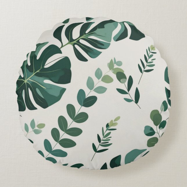 Almofada Redonda Monstera Minimalista e Padrão Verde - Moderno (Frente)