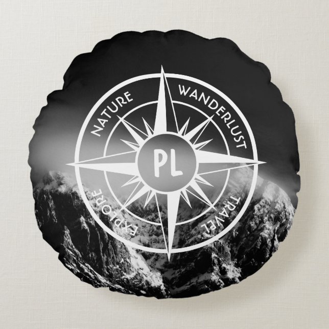 Almofada Redonda Montes dramáticos do emblema da estrela da Compass (Frente)