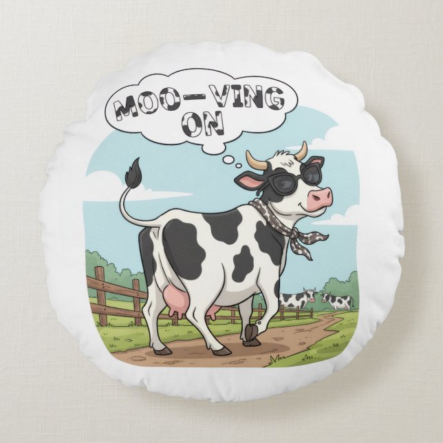 Almofada Redonda "Moo-ving On" Cow - Funny & Stylish Farm Humor! (Frente)