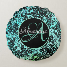 Almofada Redonda Moody Dark Floral no Turquoise Monograma