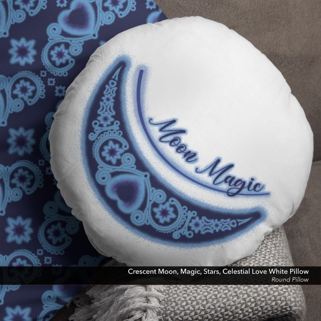 Almofada Redonda Moon Magic Stars Celestial Branco (Crescent Moon Magic Stars Celestial Love White Round Pillow)