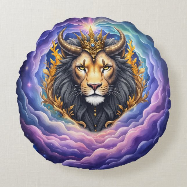 Almofada Redonda Moonlit Guardians – Cosmic lion. (Frente)