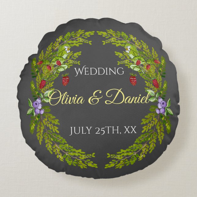 Almofada Redonda Morangos da floresta aquosa e cogumelos (Frente)