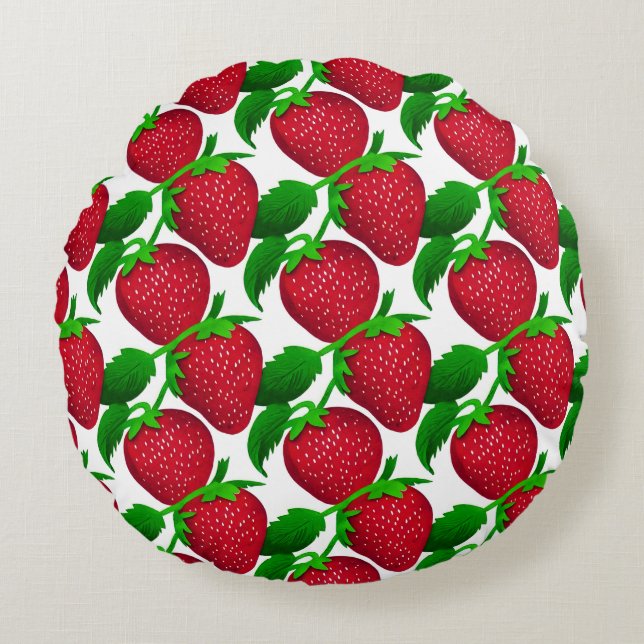 Almofada Redonda Morangos em Padrões Brancos de Fundo (Frente)